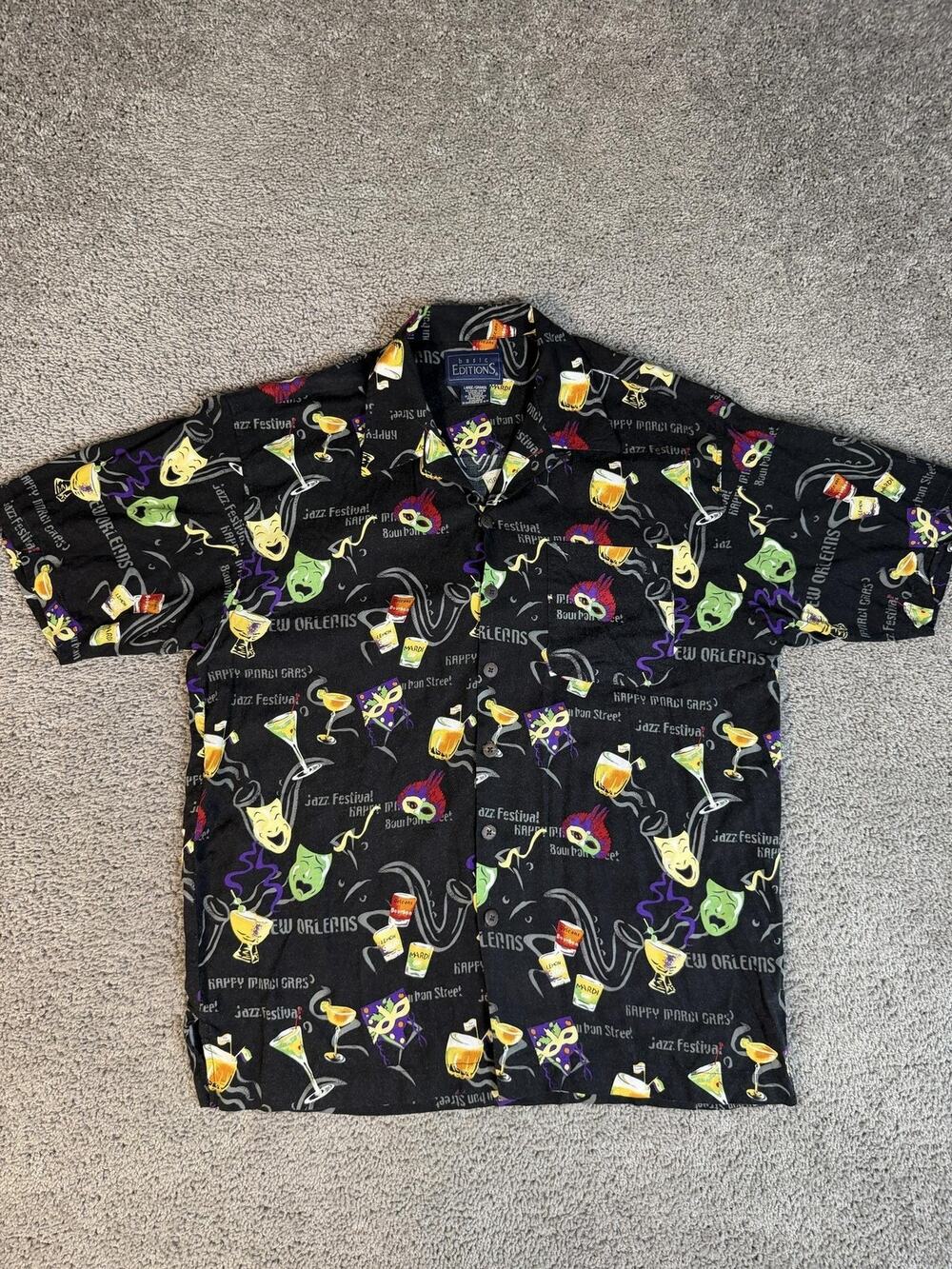Vintage Basic Editions Shirt Mens L Black Mardi Gras New Orleans Short Sleeve